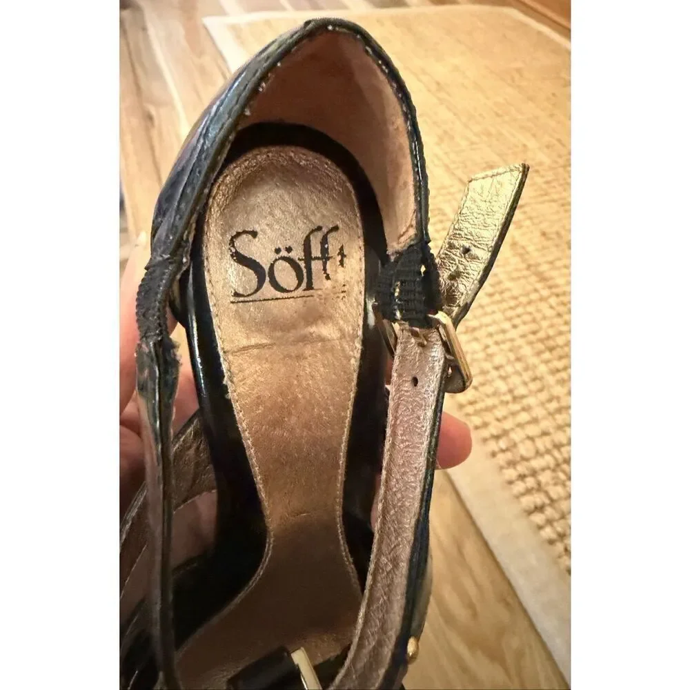 Sofft Black Patent Leather Strappy Platform Sandals Heels Womens 7M